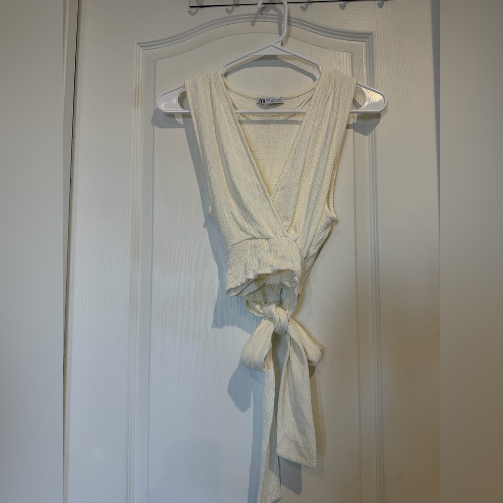 Zara Cream Tie-Front Wrap Crop Top